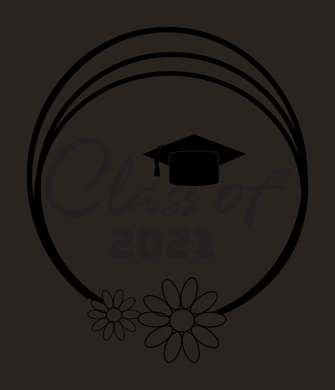 Class of 2021 Graduation commemorative emblem Design with triple concentric circle border, graduation cap with tassel, two daisy flowers and script text 'Class of' in black and white contrast preview thumbnail
