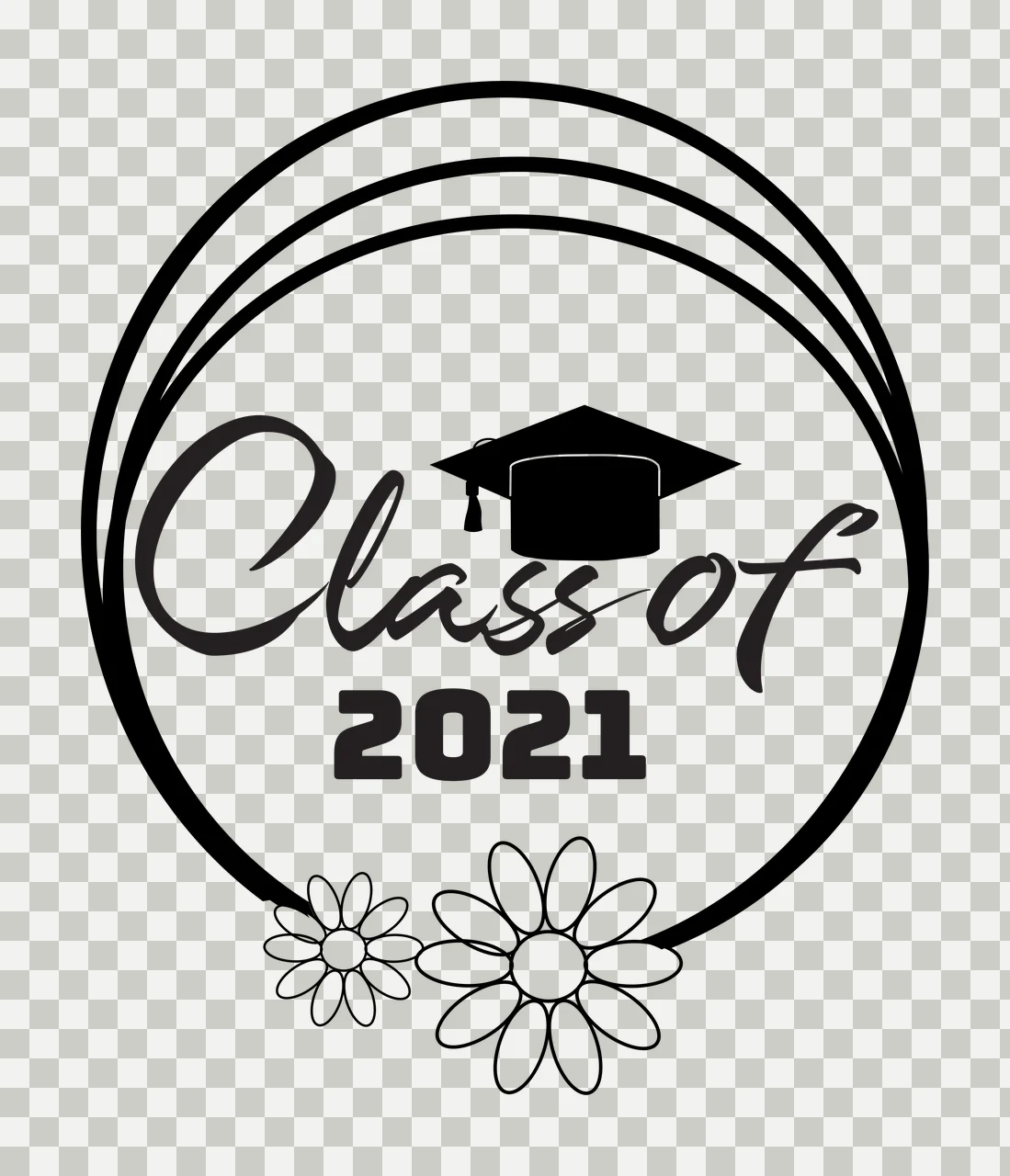 Class of 2021 Graduation commemorative emblem Design with triple concentric circle border, graduation cap with tassel, two daisy flowers and script text 'Class of' in black and white transparency and detail preview thumbnail