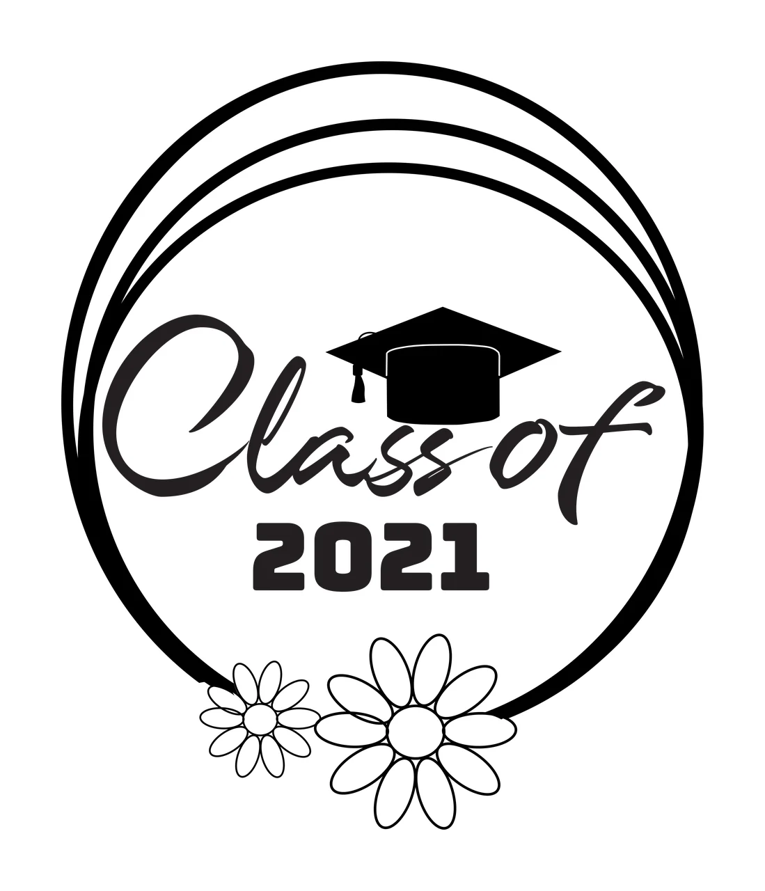 Class of 2021 Graduation commemorative emblem Design with triple concentric circle border, graduation cap with tassel, two daisy flowers and script text 'Class of' in black and white
