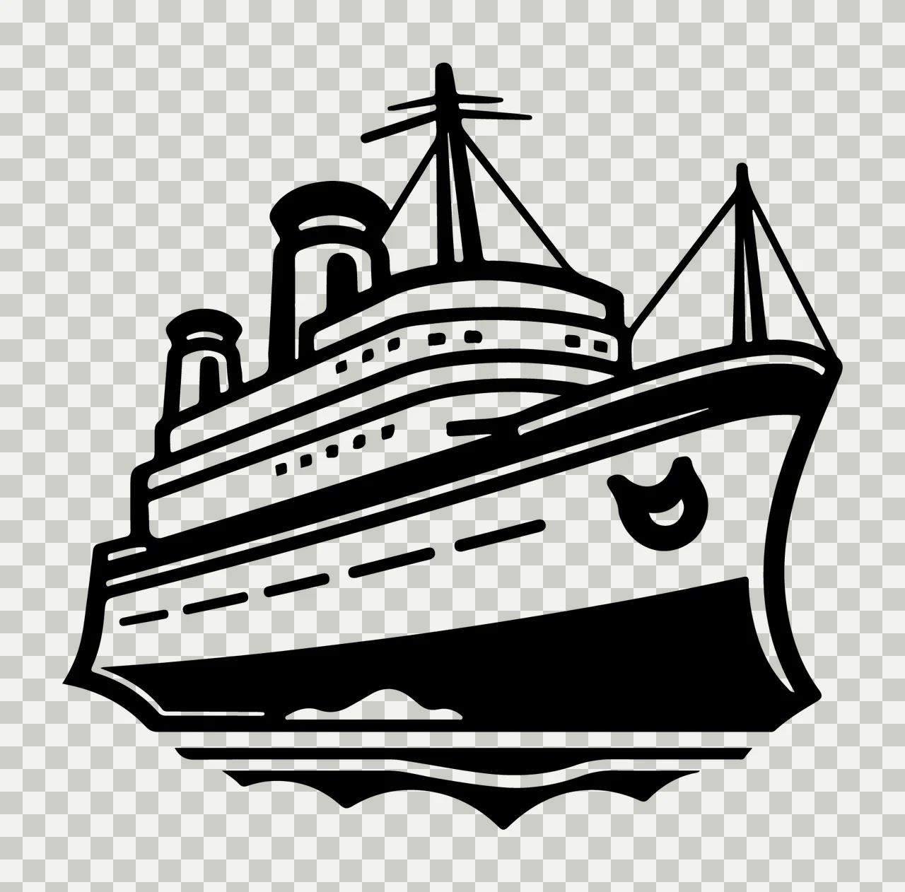 Cruise Ship Black And White Icon floating smokestacks waves transparency and detail preview thumbnail