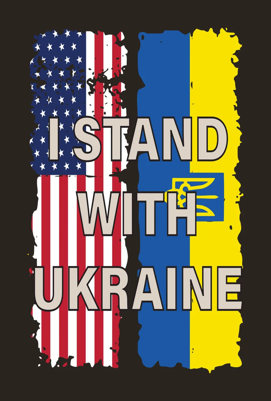 I STAND WITH UKRAINE USA and Ukraine solidarity Design with USA flag, Ukrainian flag, trident symbol and distressed border in red, white and blue contrast preview thumbnail