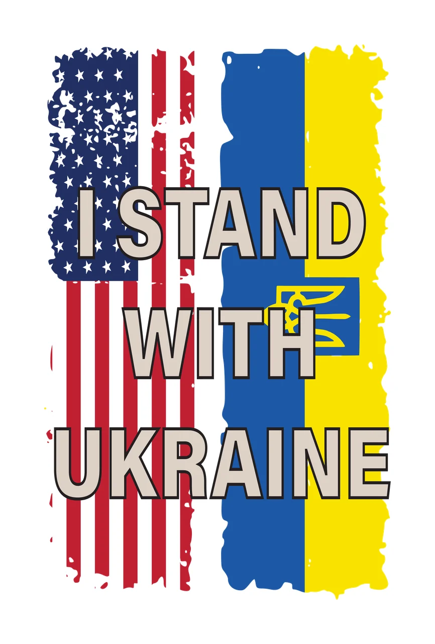 I STAND WITH UKRAINE USA and Ukraine solidarity Design with USA flag, Ukrainian flag, trident symbol and distressed border in red, white and blue