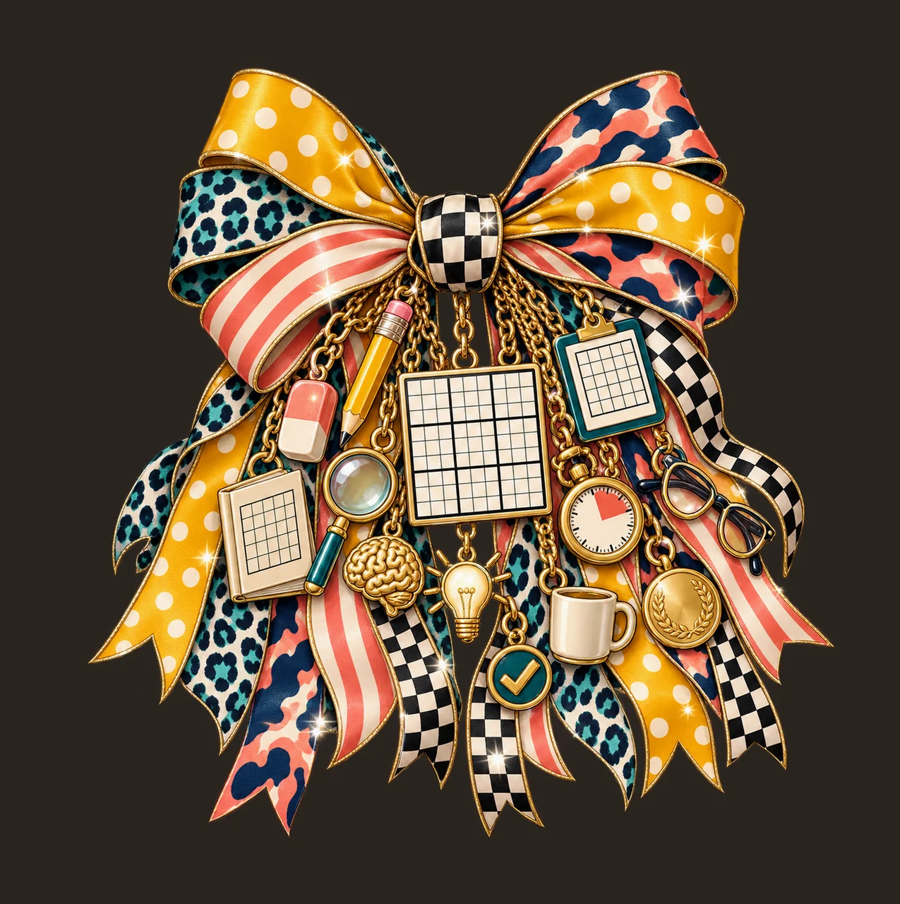 Sudoku Lover Bow Charm PNG, Themed Gold Chain Charms, Coquette Ribbon Sublimation Design, Transparent Digital Download contrast preview thumbnail