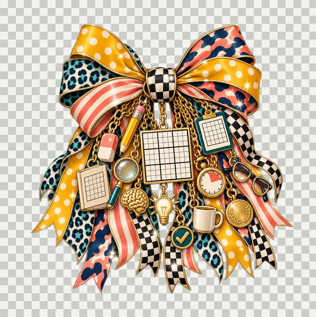 Sudoku Lover Bow Charm PNG, Themed Gold Chain Charms, Coquette Ribbon Sublimation Design, Transparent Digital Download transparency and detail preview thumbnail