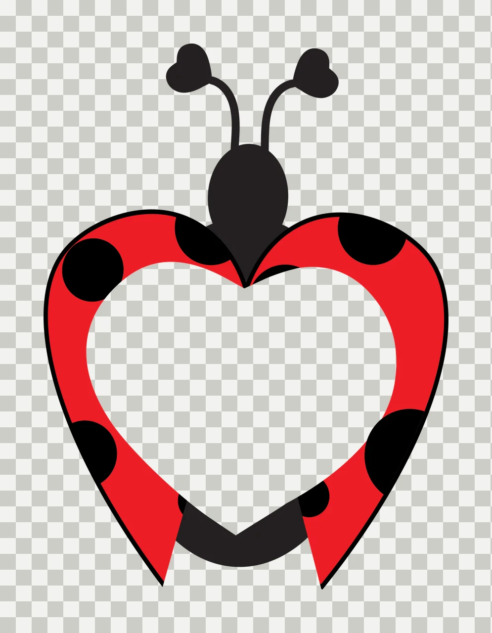 Ladybug heart frame with red ladybug body, black spots, heart-shaped white cutout and black head transparency and detail preview thumbnail