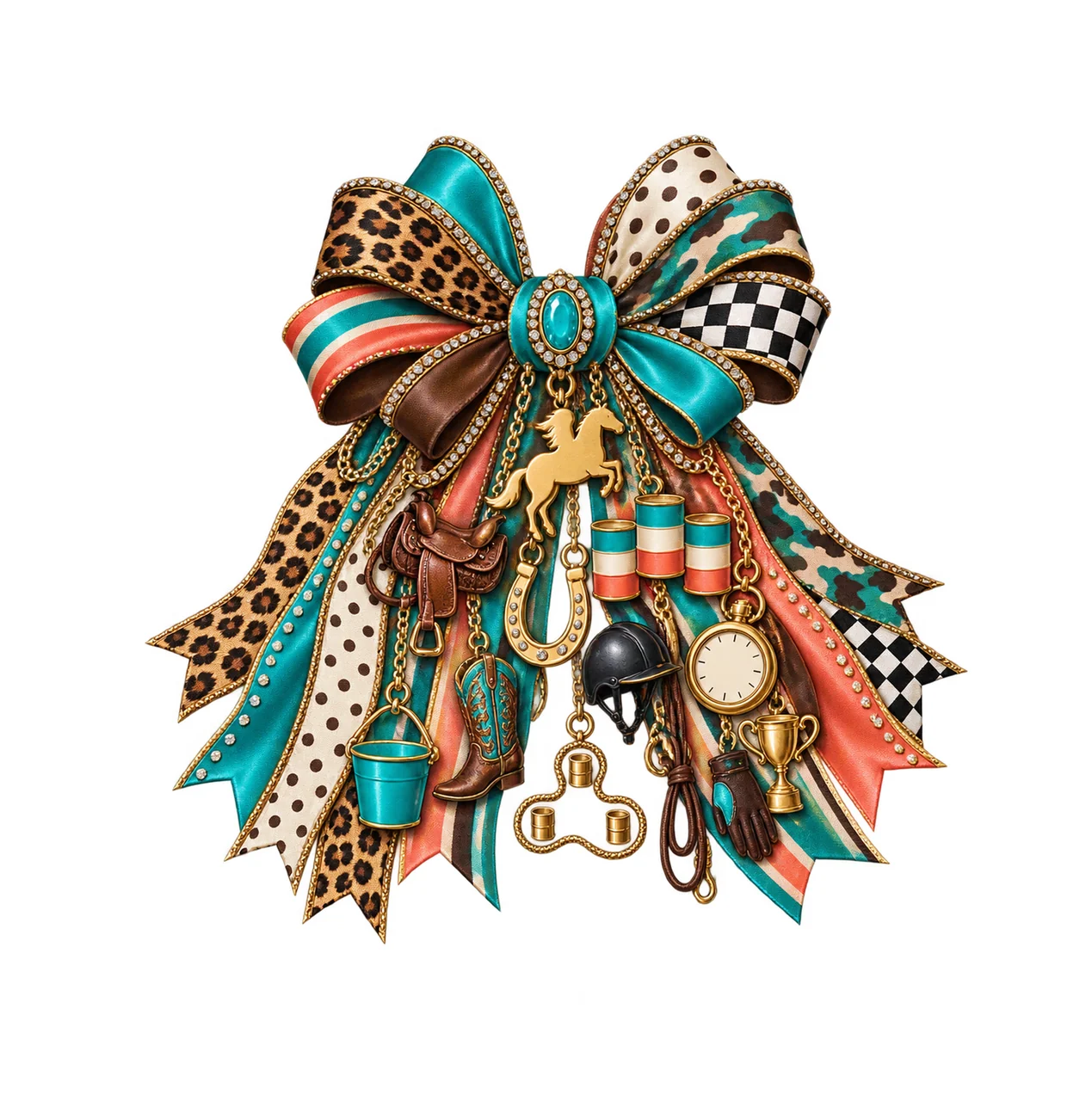 Barrel Racer Bow Charm PNG, Gold Chain Charms, Transparent Sublimation Design, Digital Download