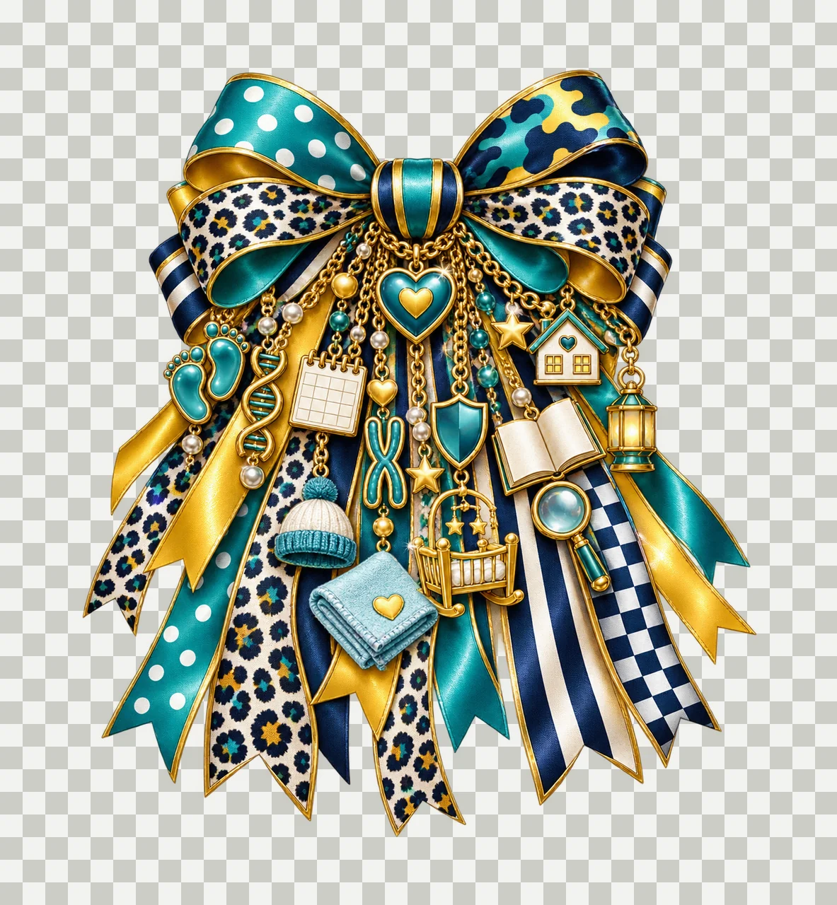 Birth Defects Awareness Bow Charm PNG, Heart Baby Footprints Puzzle and Support Charms, Transparent Sublimation Design transparency and detail preview thumbnail