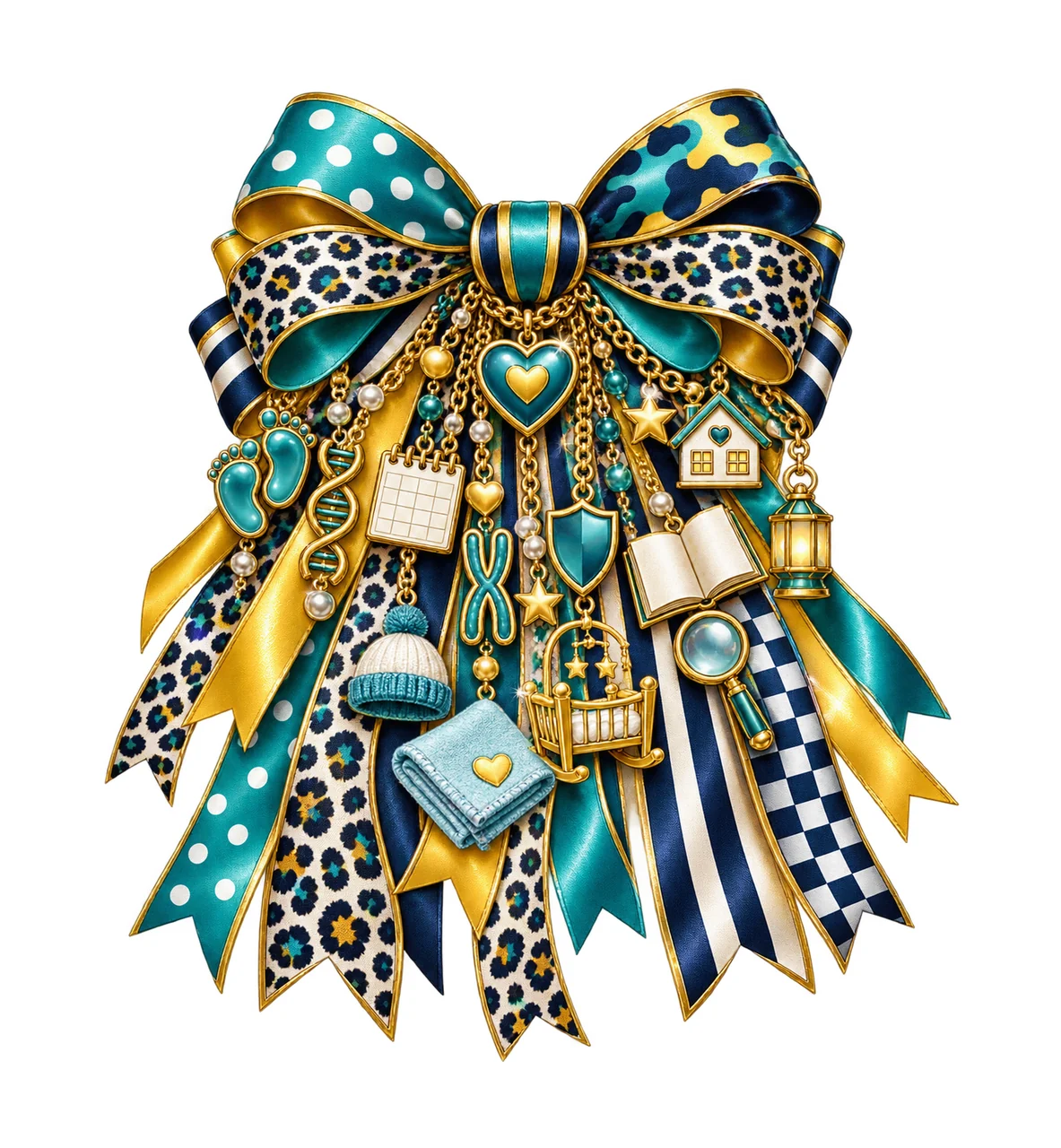 Birth Defects Awareness Bow Charm PNG, Heart Baby Footprints Puzzle and Support Charms, Transparent Sublimation Design