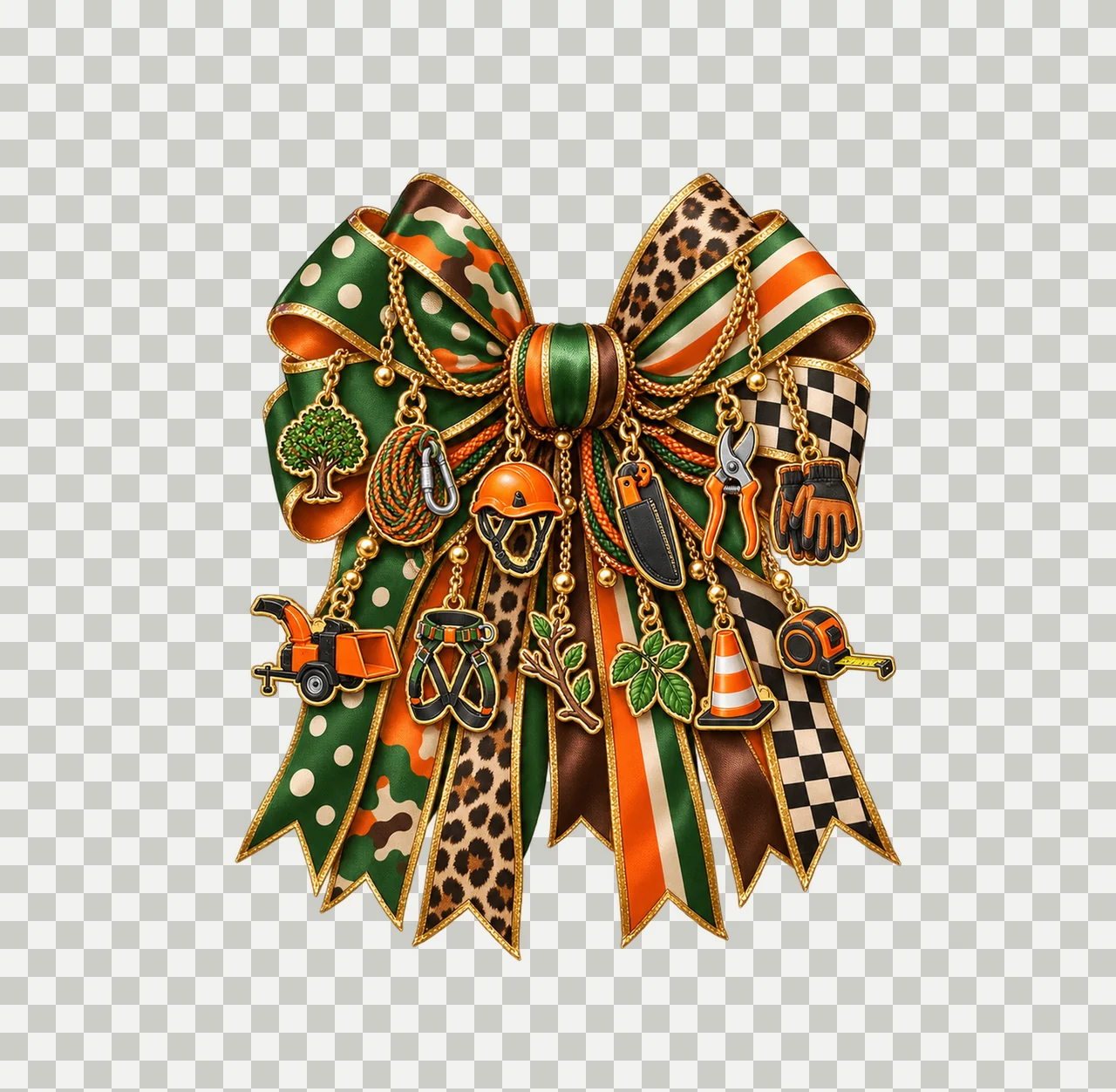 Arborist and Tree Care Professional Bow Charm PNG, Gold Chain Charms, Transparent Sublimation Design, Digital Download transparency and detail preview thumbnail