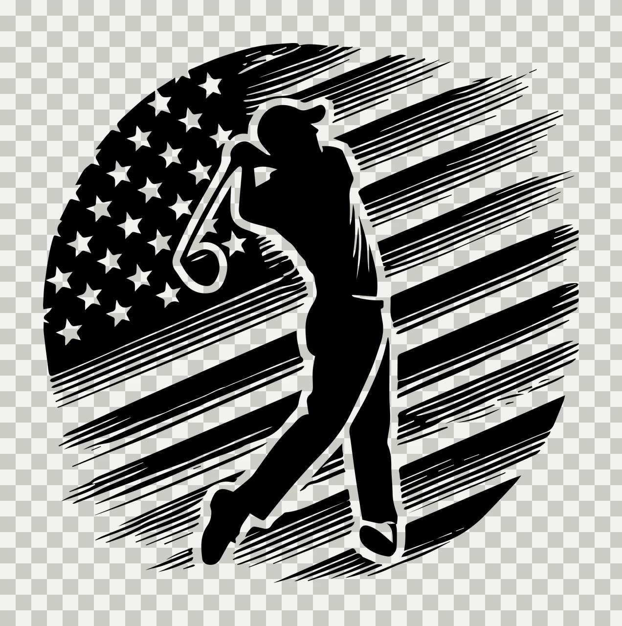 Golf Golfer Swinging Club Against Flag Graphic stars stripes transparency and detail preview thumbnail