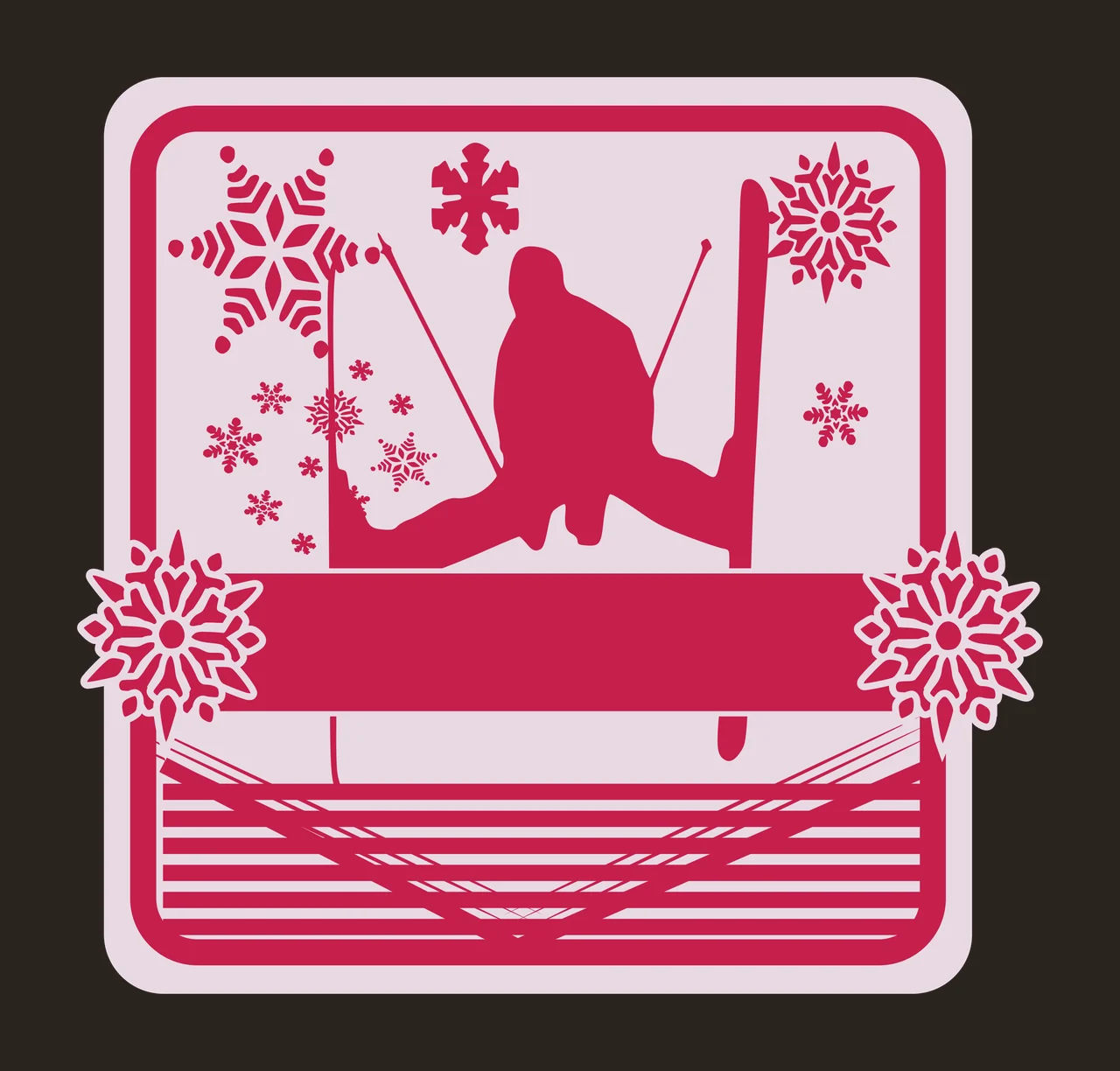 Silhouette Design of skier with skis, ski poles, snowflakes and horizontal stripes in magenta and light pink contrast preview thumbnail