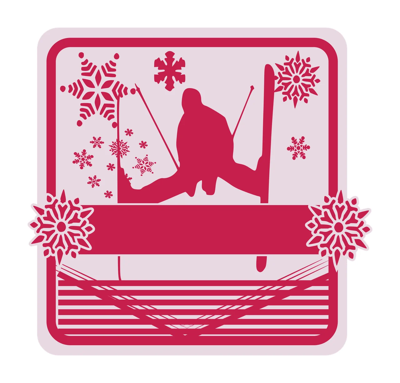 Silhouette Design of skier with skis, ski poles, snowflakes and horizontal stripes in magenta and light pink