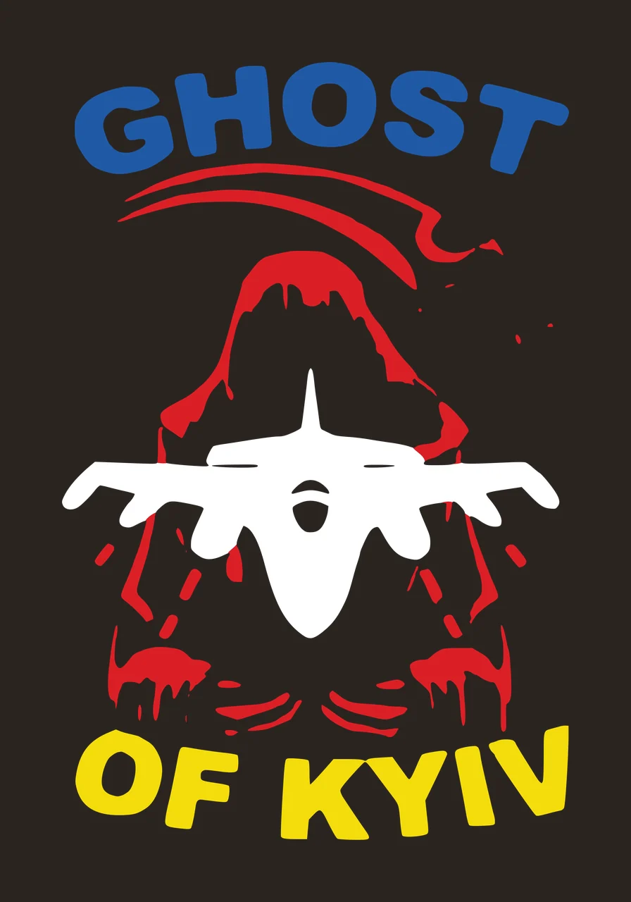 GHOST OF KYIV Hooded figure silhouette Design with text, abstract red lines and splatter effects in blue and yellow contrast preview thumbnail