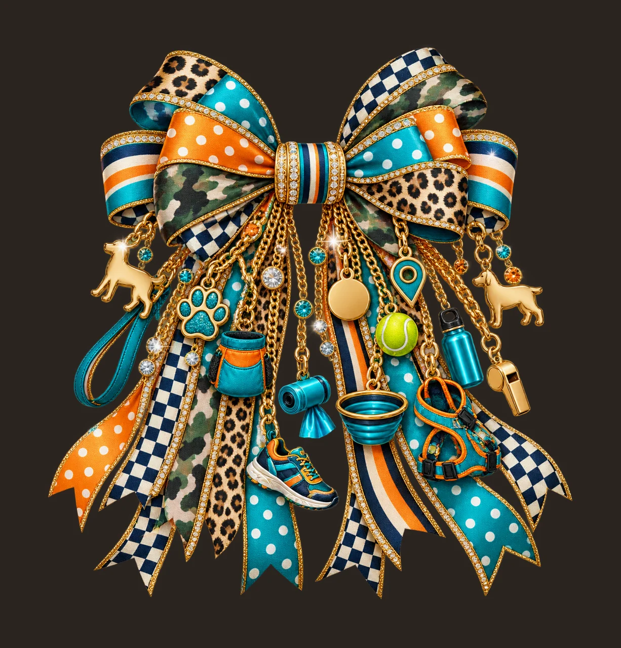 Dog Walker Bow Charm PNG, Themed Gold Chain Charms, Coquette Ribbon Sublimation Design, Transparent Digital Download contrast preview thumbnail
