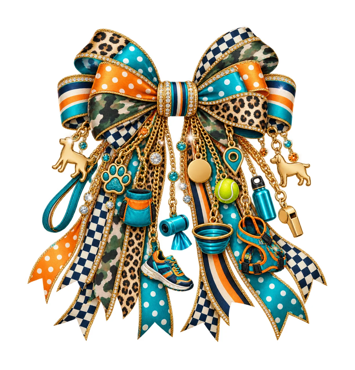 Dog Walker Bow Charm PNG, Themed Gold Chain Charms, Coquette Ribbon Sublimation Design, Transparent Digital Download