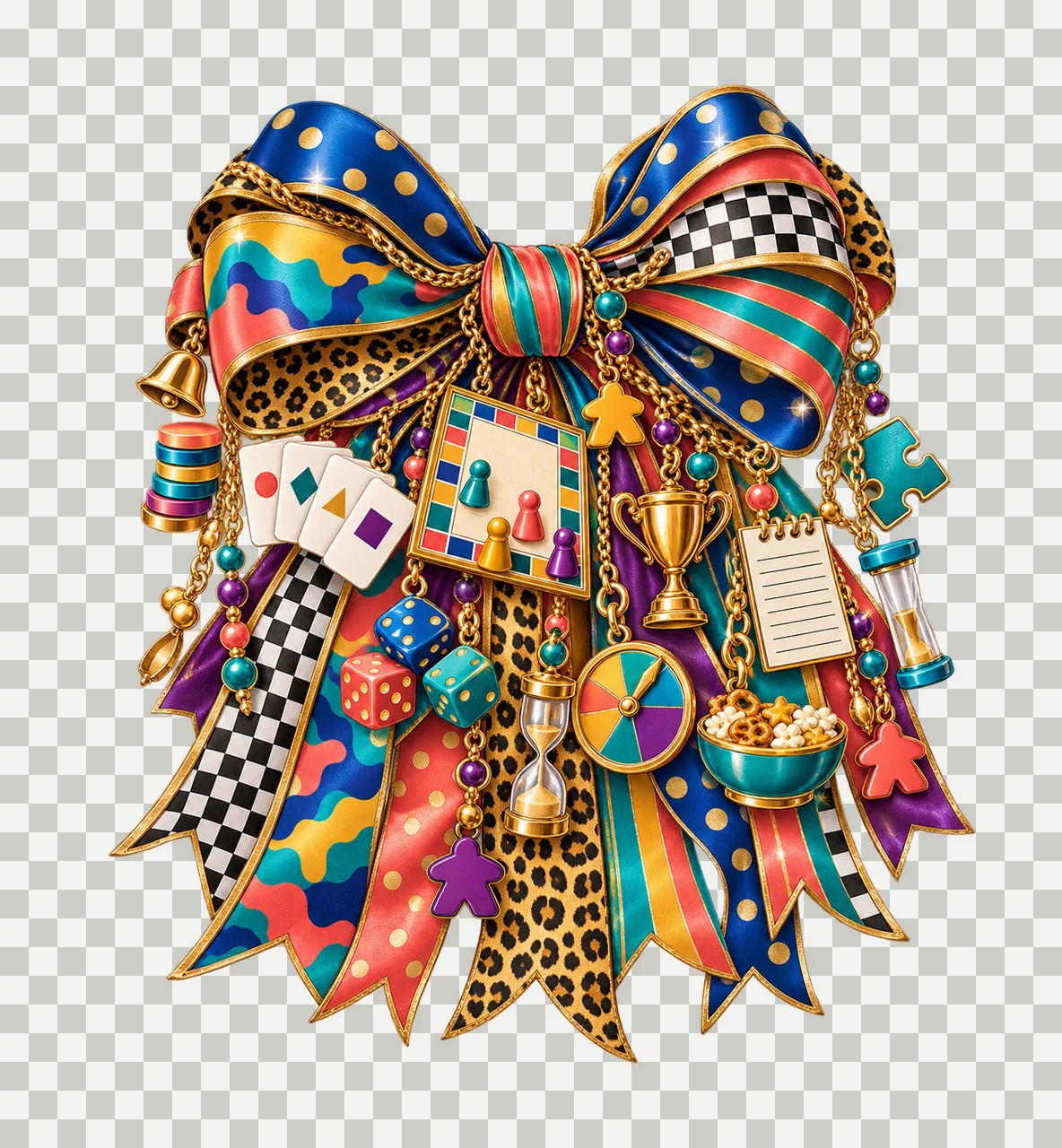 Board Game Night Bow Charm PNG, Dice Pawns Cards Spinner and Puzzle Charms, Family Game Sublimation Design, Transparent Download transparency and detail preview thumbnail