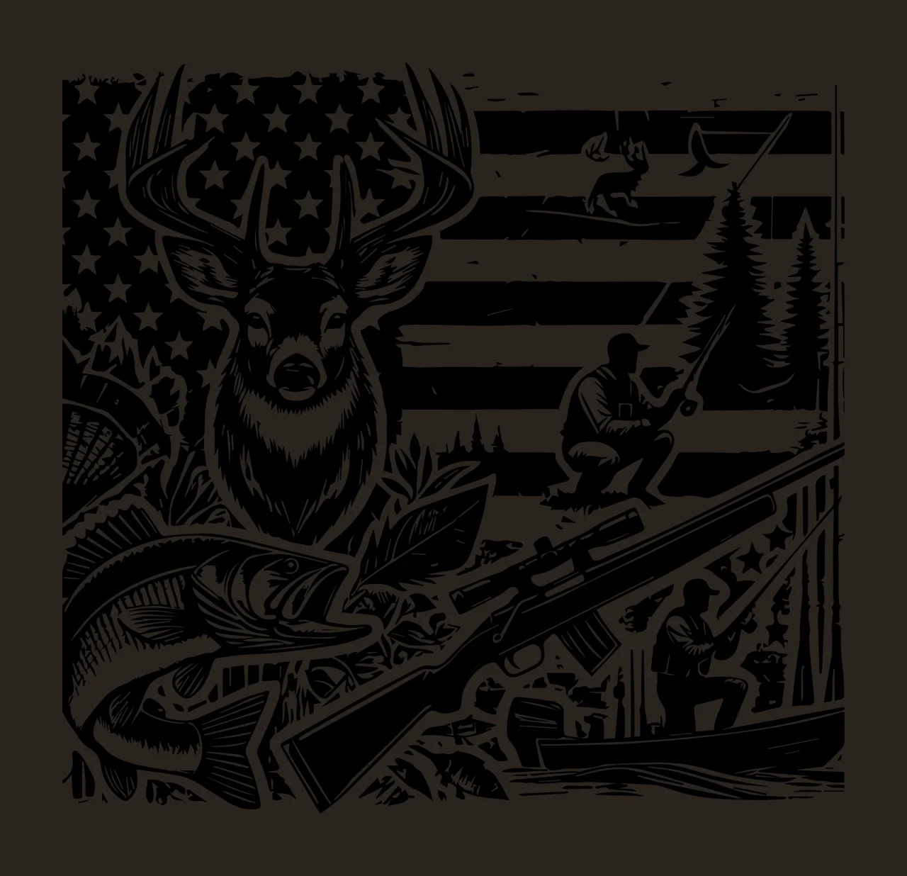 Hunting Scene Graphic Art Composition deer fish flag person contrast preview thumbnail