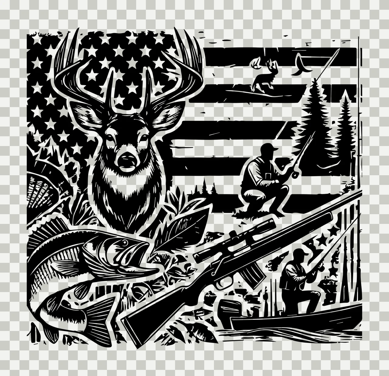 Hunting Scene Graphic Art Composition deer fish flag person transparency and detail preview thumbnail