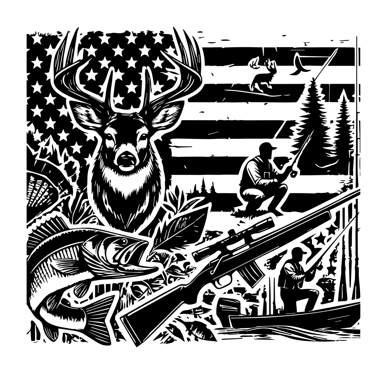 Hunting Scene Graphic Art Composition deer fish flag person