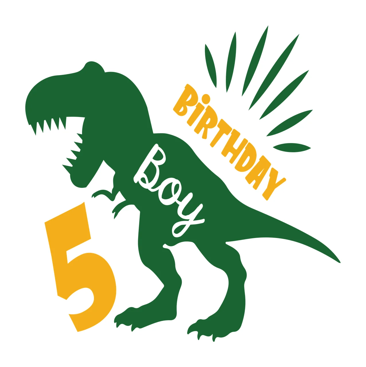 BIRTHDAY Boy 5 Typography Design with T-Rex silhouette, number 5, lettering and decorative rays in dark green, yellow and white
