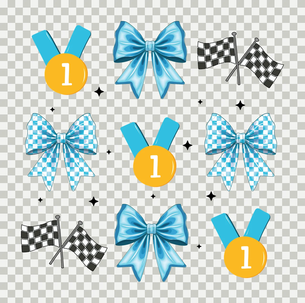 Bow Set Of Black Silhouettes Including Bows Medals and flags transparency and detail preview thumbnail
