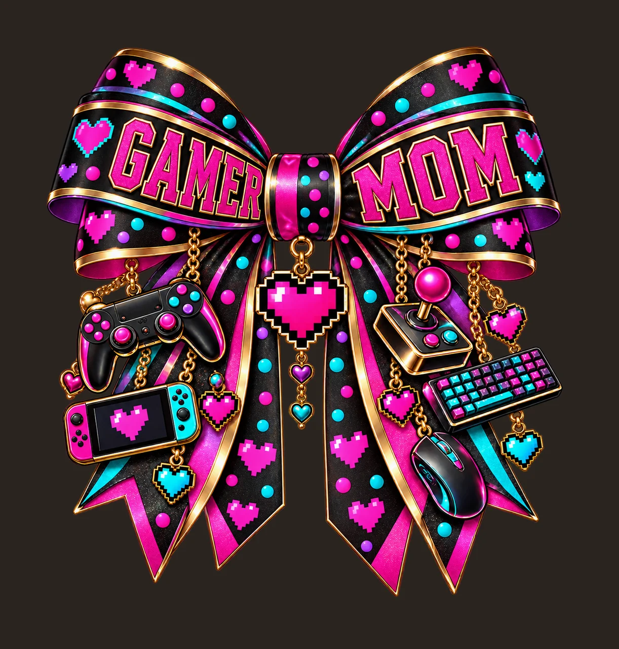 Gamer Mom Bow Charm PNG, Patterned Varsity Mom Ribbon Clipart, Transparent Sublimation Digital Download contrast preview thumbnail