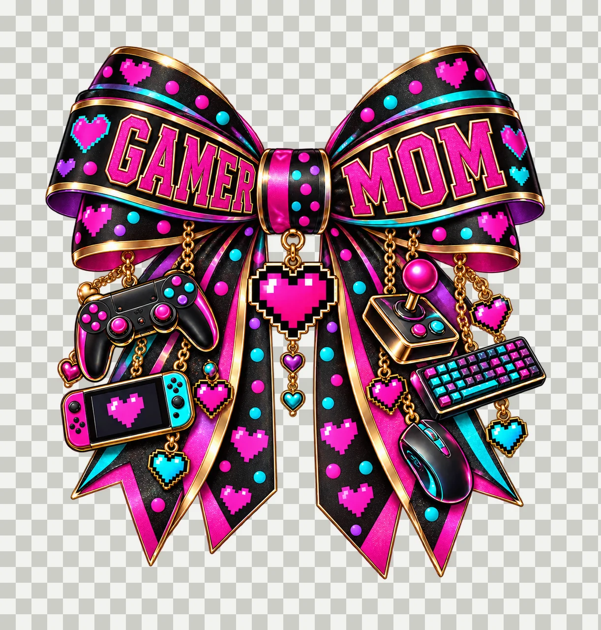 Gamer Mom Bow Charm PNG, Patterned Varsity Mom Ribbon Clipart, Transparent Sublimation Digital Download transparency and detail preview thumbnail