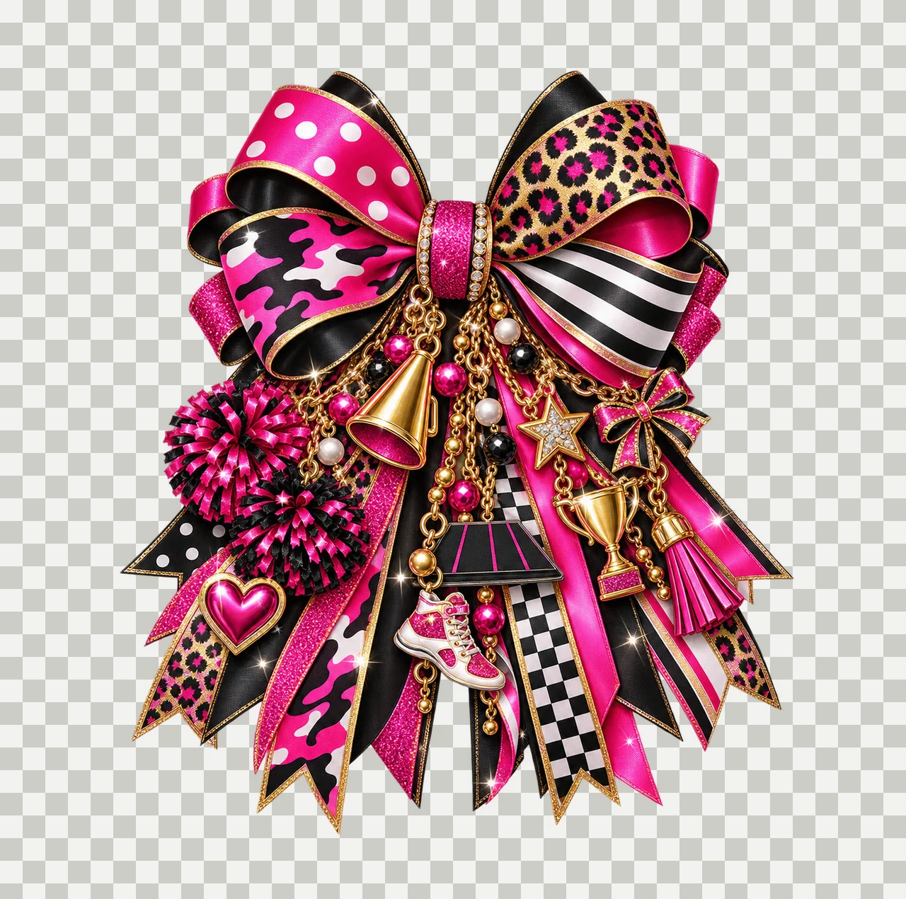 Cheer Mom Bow Charm PNG, Themed Gold Chain Charms, Coquette Ribbon Sublimation Design, Transparent Digital Download transparency and detail preview thumbnail