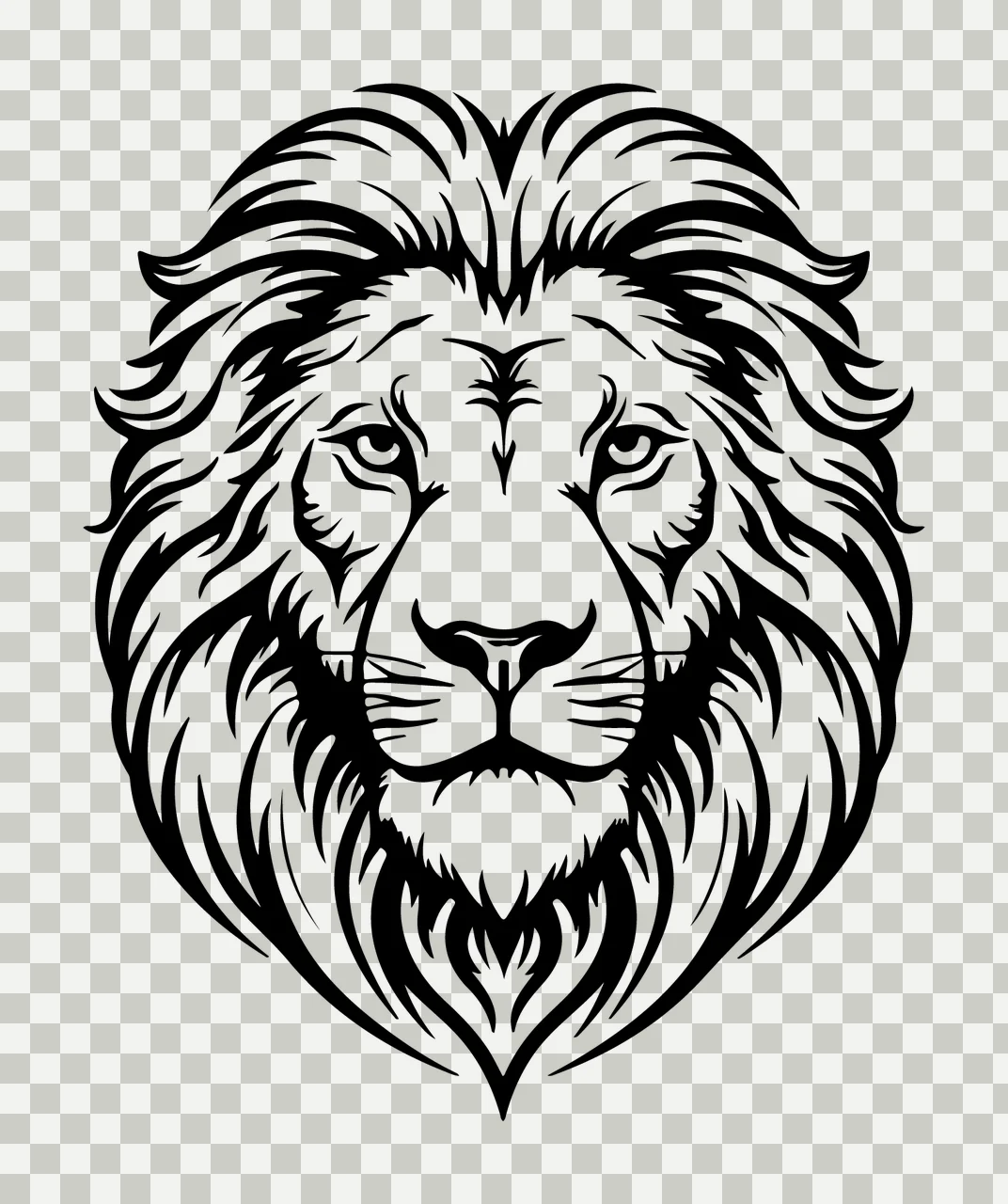 Lion Head Face Front View mane eyes line drawing black plain transparency and detail preview thumbnail