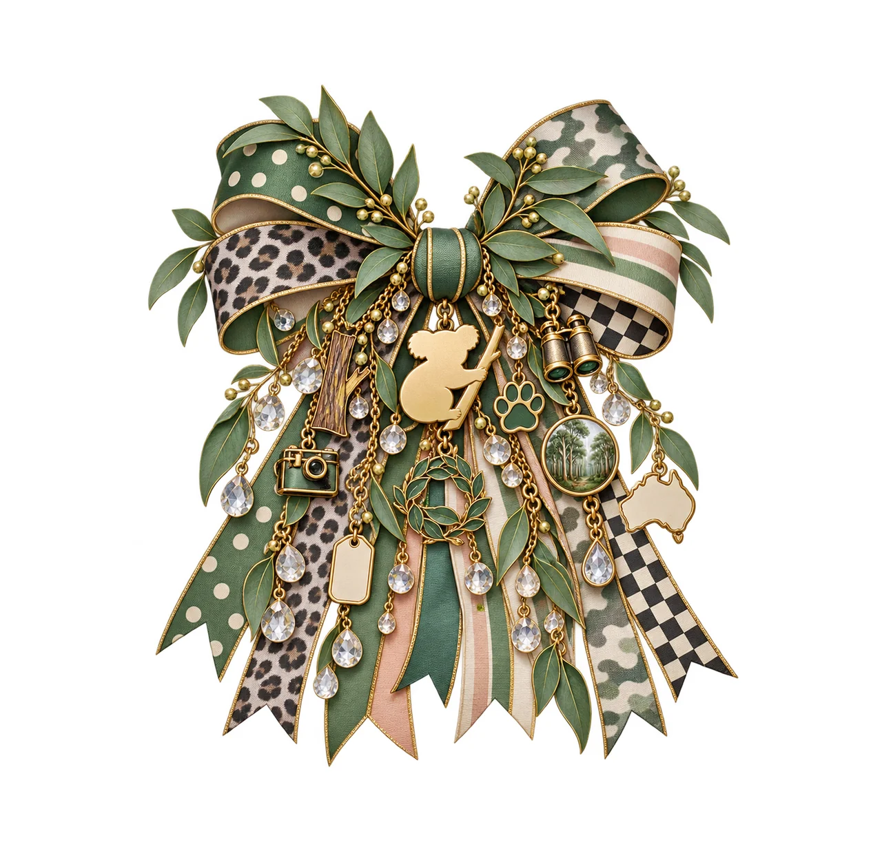 Koala Lover Bow Charm PNG, Gold Chain Charms, Transparent Sublimation Design, Digital Download