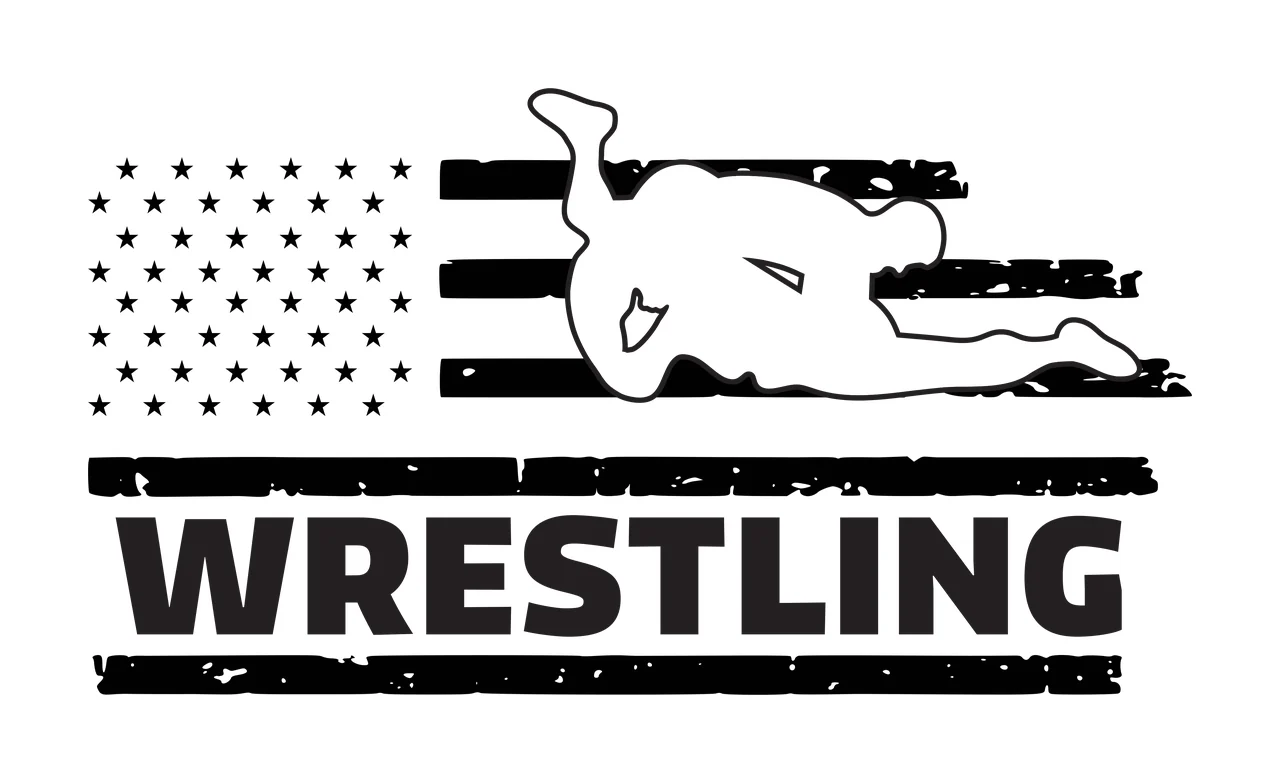 WRESTLING wrestler silhouette Design with American flag stars and stripes, distressed bars and bold typography in black and white