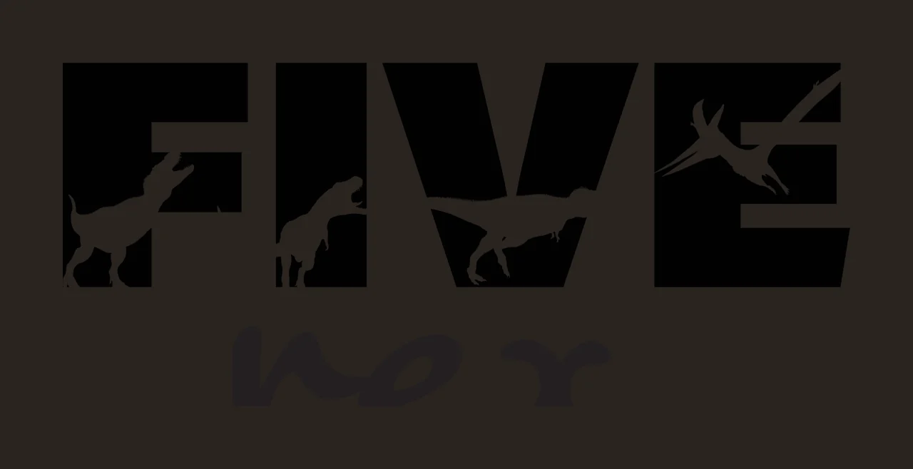 FIVE rex Dinosaur typography with FIVE block text, rex script text, dinosaur silhouettes and pterosaur silhouette in black and white contrast preview thumbnail