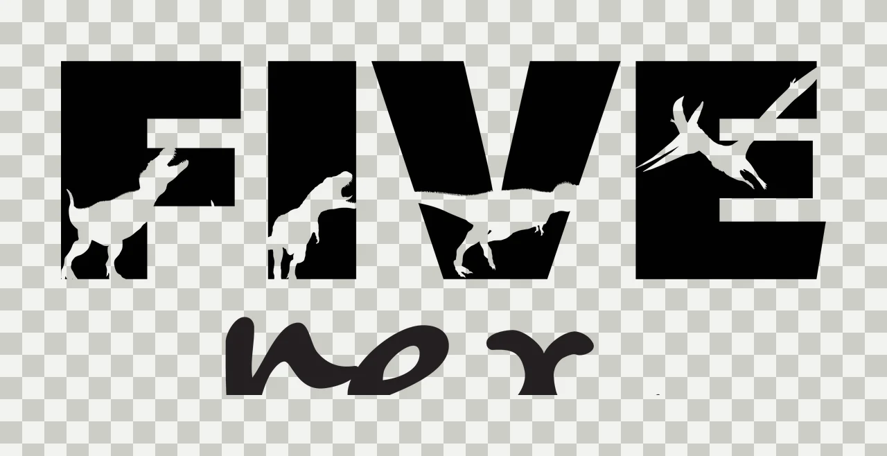 FIVE rex Dinosaur typography with FIVE block text, rex script text, dinosaur silhouettes and pterosaur silhouette in black and white transparency and detail preview thumbnail