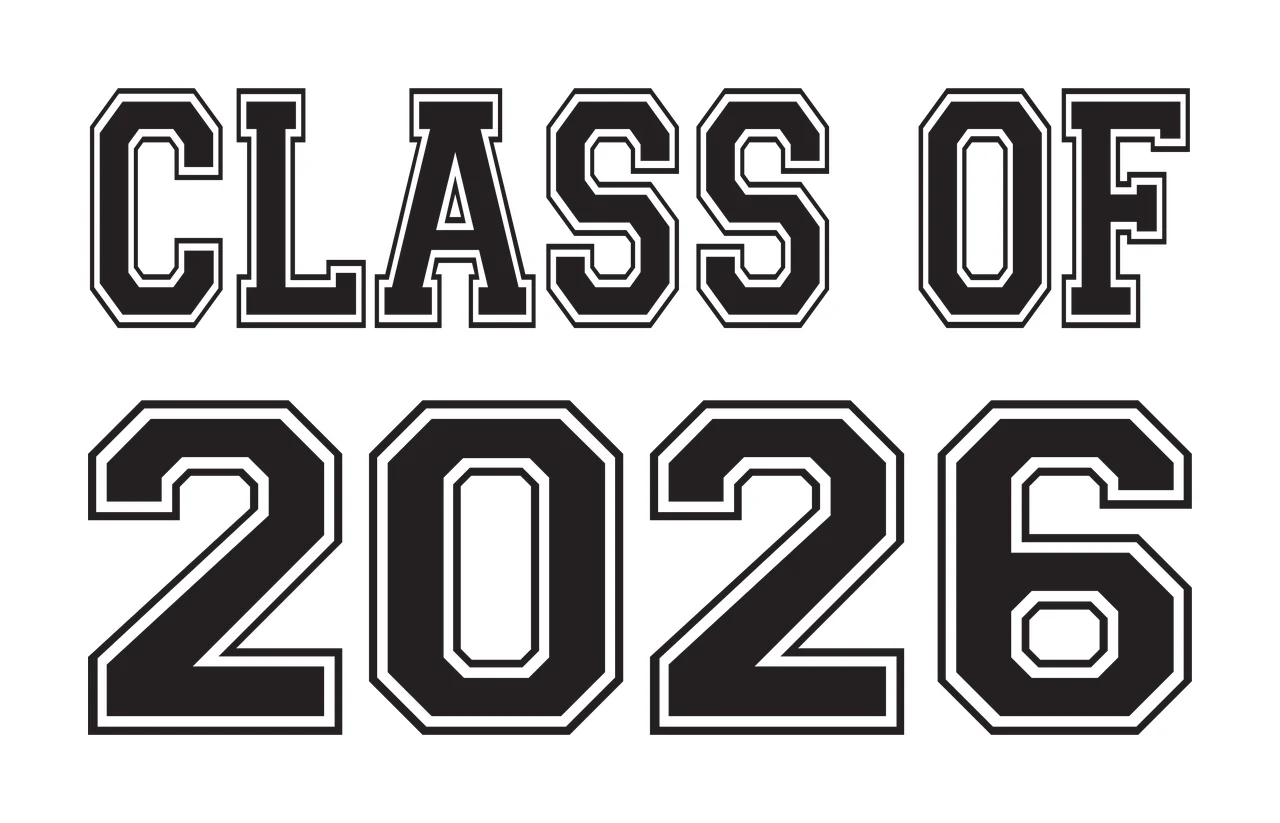 CLASS OF 2026 Typography Design with black text, white outlines, bold block letters and two-line layout