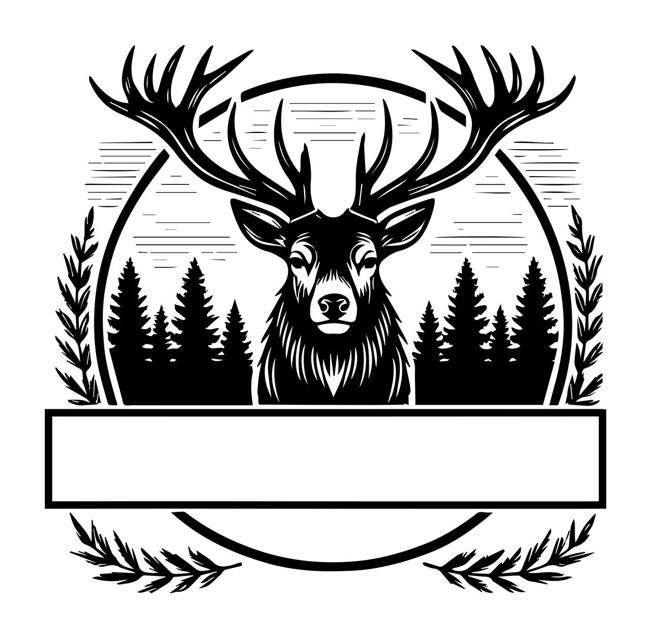 Deer Head In Forest Emblem tree leaf black white antler