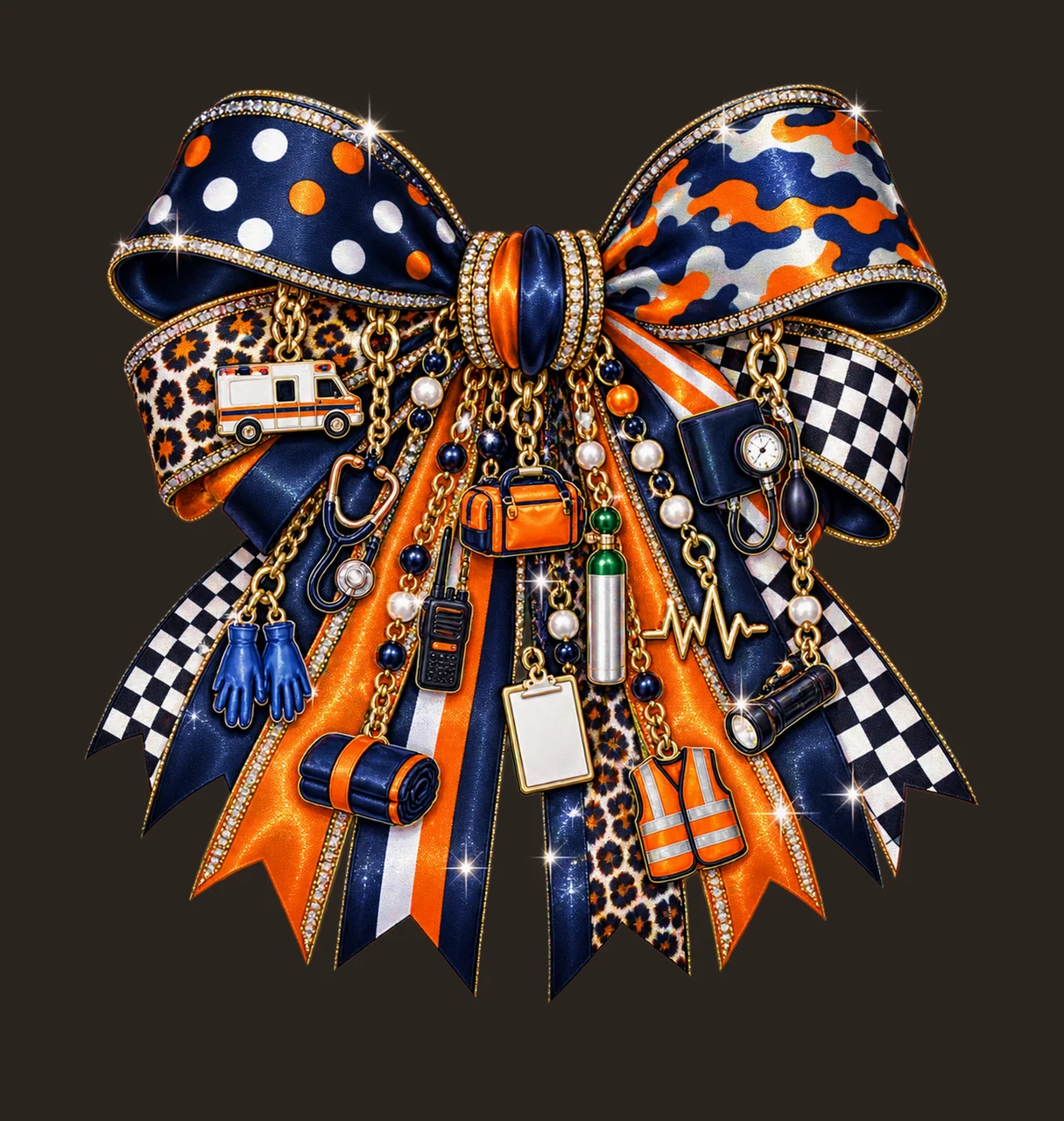 Emergency Medical Technician Bow Charm PNG, Themed Gold Chain Charms, Coquette Ribbon Sublimation Design, Transparent Digital Download contrast preview thumbnail