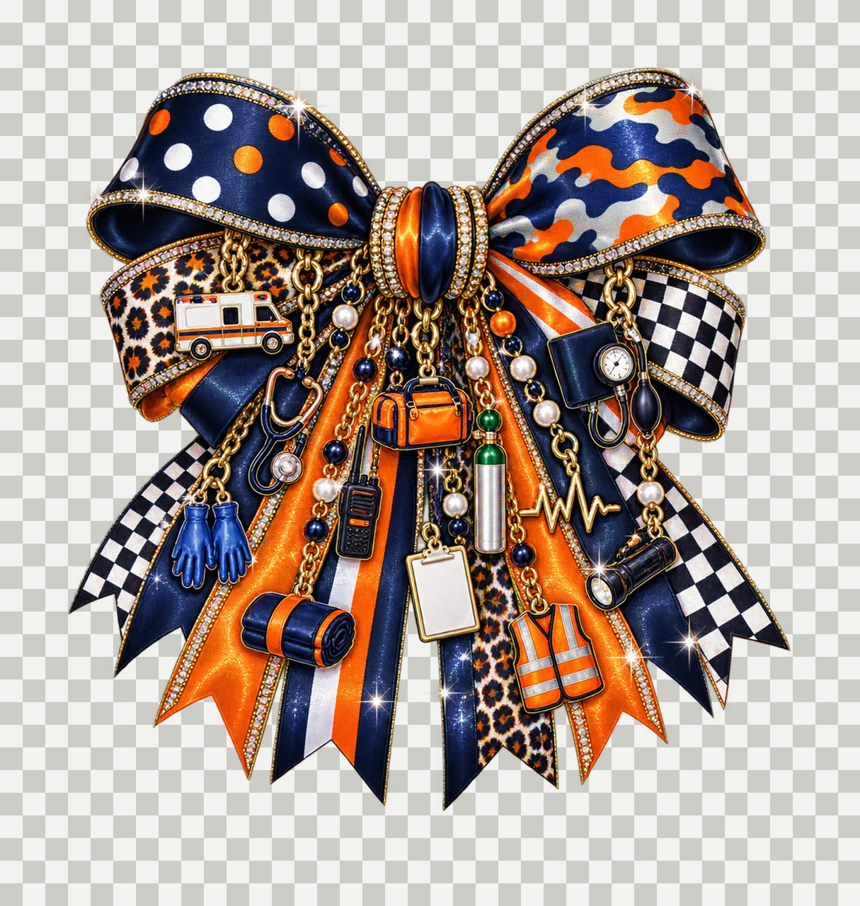 Emergency Medical Technician Bow Charm PNG, Themed Gold Chain Charms, Coquette Ribbon Sublimation Design, Transparent Digital Download transparency and detail preview thumbnail