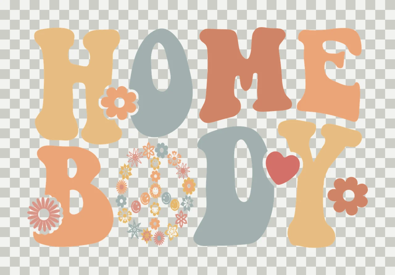 HOME BODY Typography Design with HOME BODY letters, orange flower on 'H', blue flower on 'O' and red heart on 'D' in tan, muted teal and terracotta transparency and detail preview thumbnail