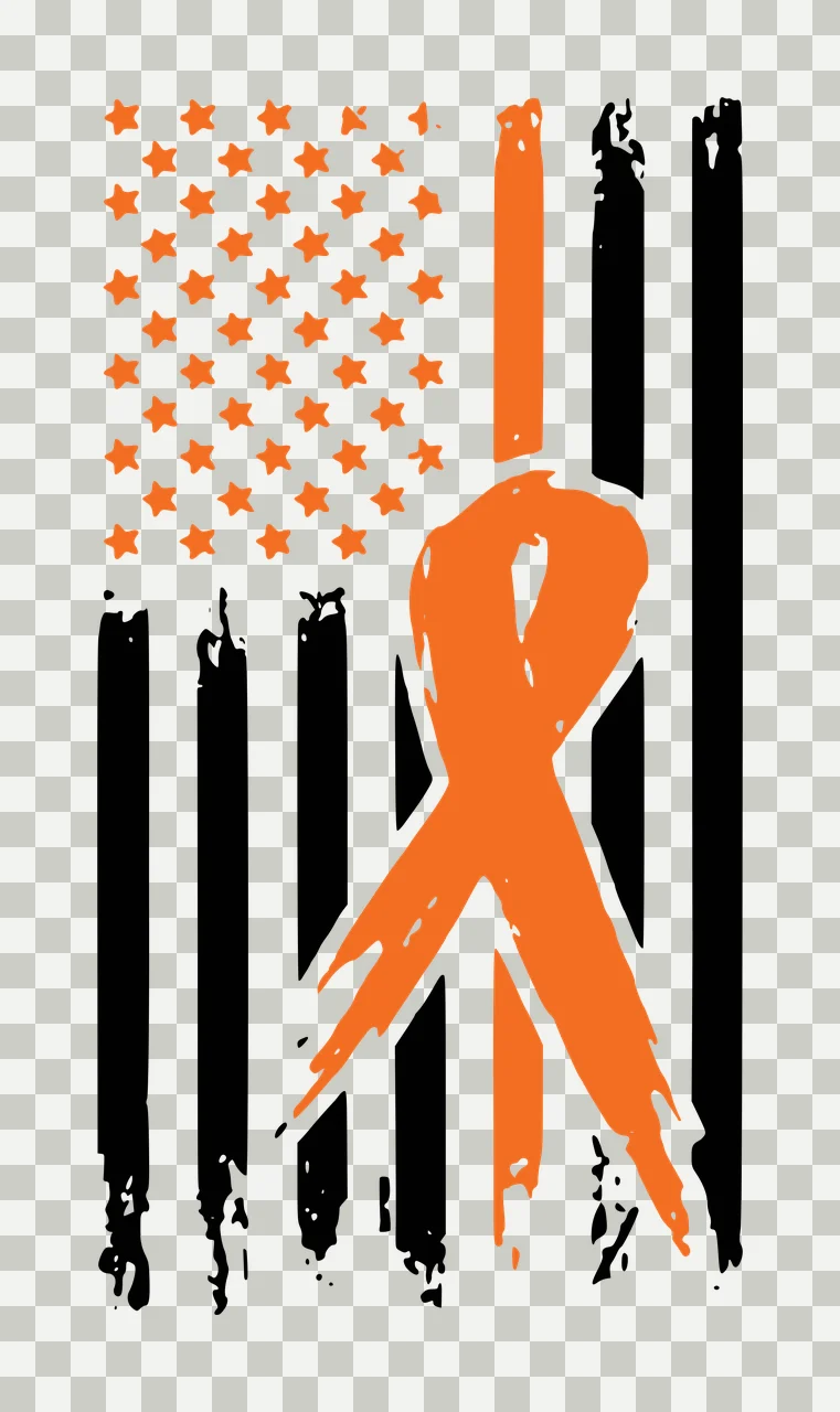 Orange awareness ribbon overlaid on a distressed American flag design with orange stars, black vertical stripes and white background transparency and detail preview thumbnail