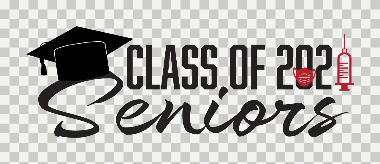 CLASS OF 2021 Seniors Graduation commemorative design for Class of 2021 seniors with black graduation cap, text 'CLASS OF 2021', red face mask icon and red syringe icon transparency and detail preview thumbnail