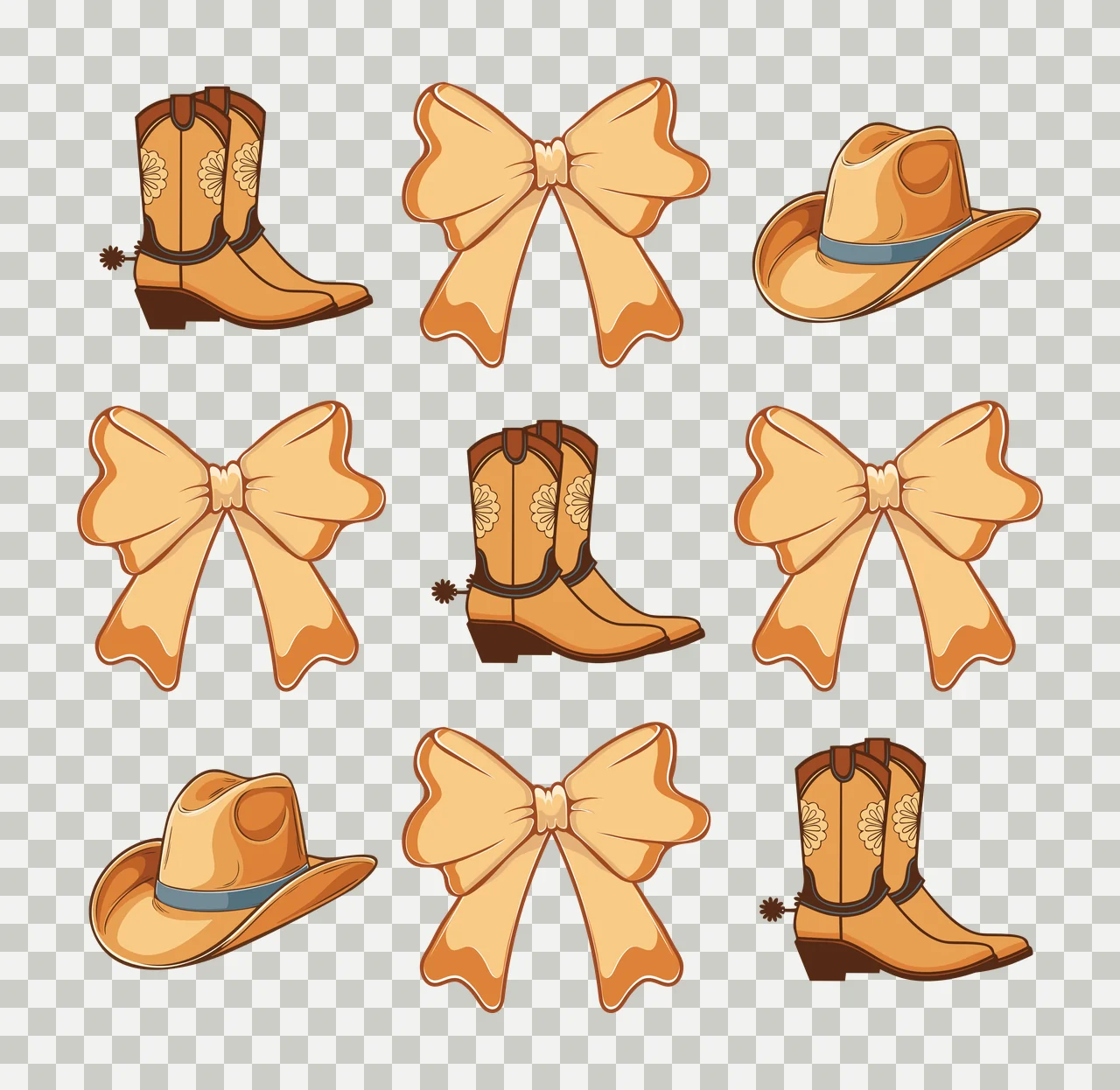 Bow Grid Of Black Silhouettes Featuring Cowboy Boots and hats transparency and detail preview thumbnail