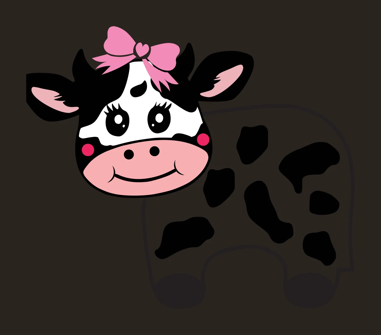 Cartoon cow Illustration with pink bow, heart detail, black spots and pink snout in white contrast preview thumbnail