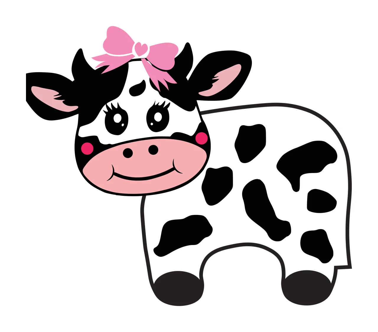 Cartoon cow Illustration with pink bow, heart detail, black spots and pink snout in white