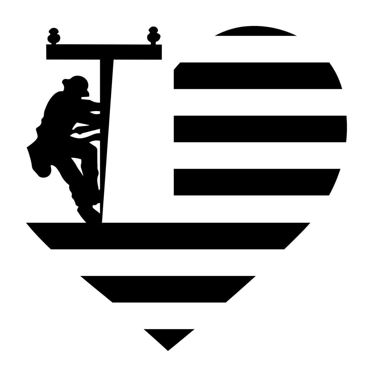 Silhouette Design of utility lineman with utility worker, power pole, hardhat and tool pouch in black and white