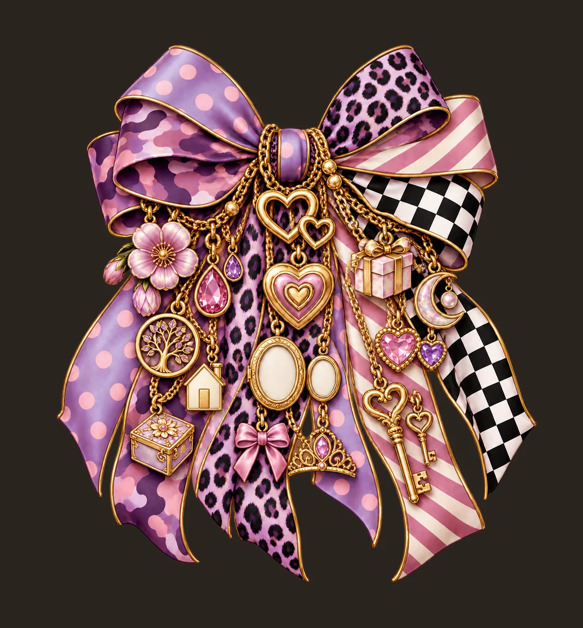 Daughter Bow Charm PNG, Themed Gold Chain Charms, Coquette Ribbon Sublimation Design, Transparent Digital Download contrast preview thumbnail