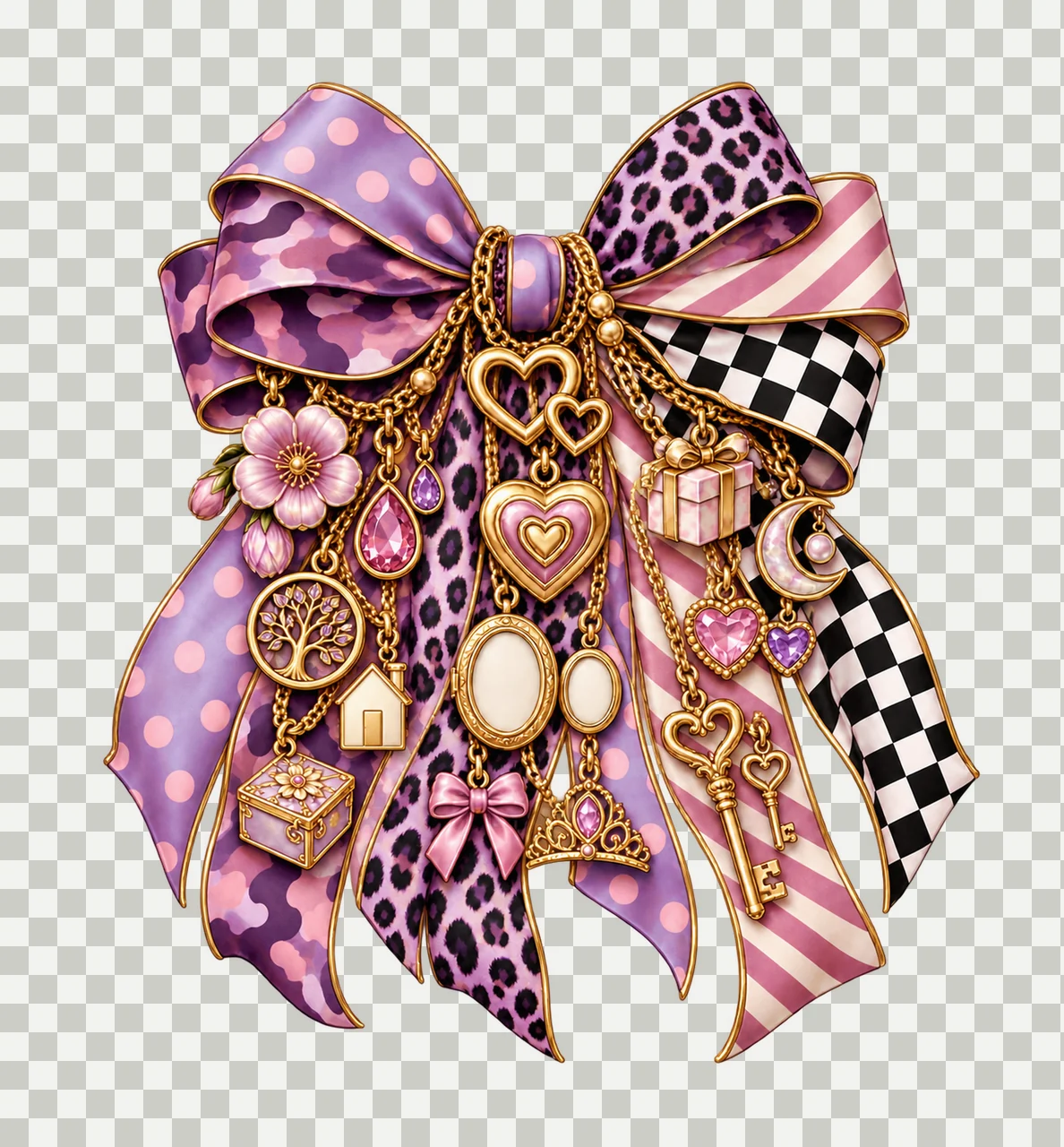 Daughter Bow Charm PNG, Themed Gold Chain Charms, Coquette Ribbon Sublimation Design, Transparent Digital Download transparency and detail preview thumbnail