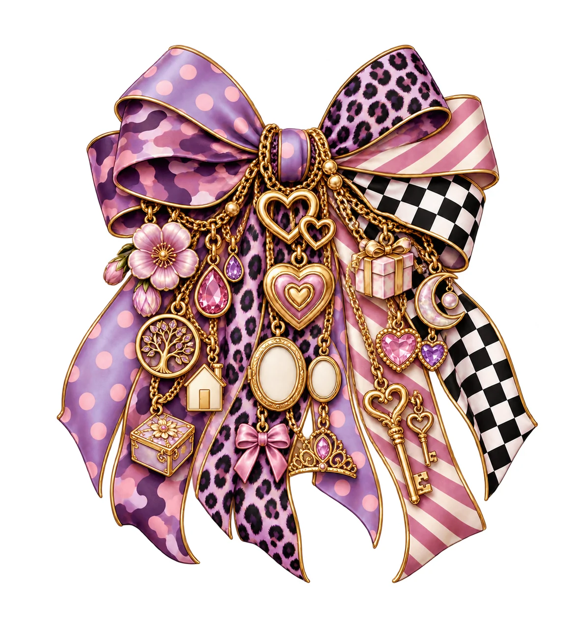 Daughter Bow Charm PNG, Themed Gold Chain Charms, Coquette Ribbon Sublimation Design, Transparent Digital Download
