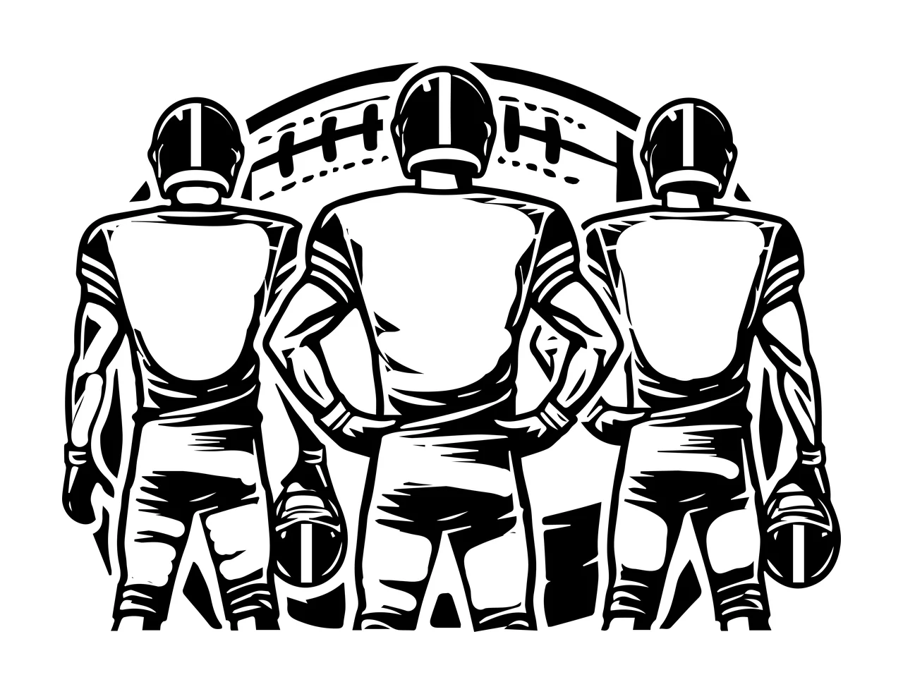 Three Players Football Standing In Line helmets jerseys graphic