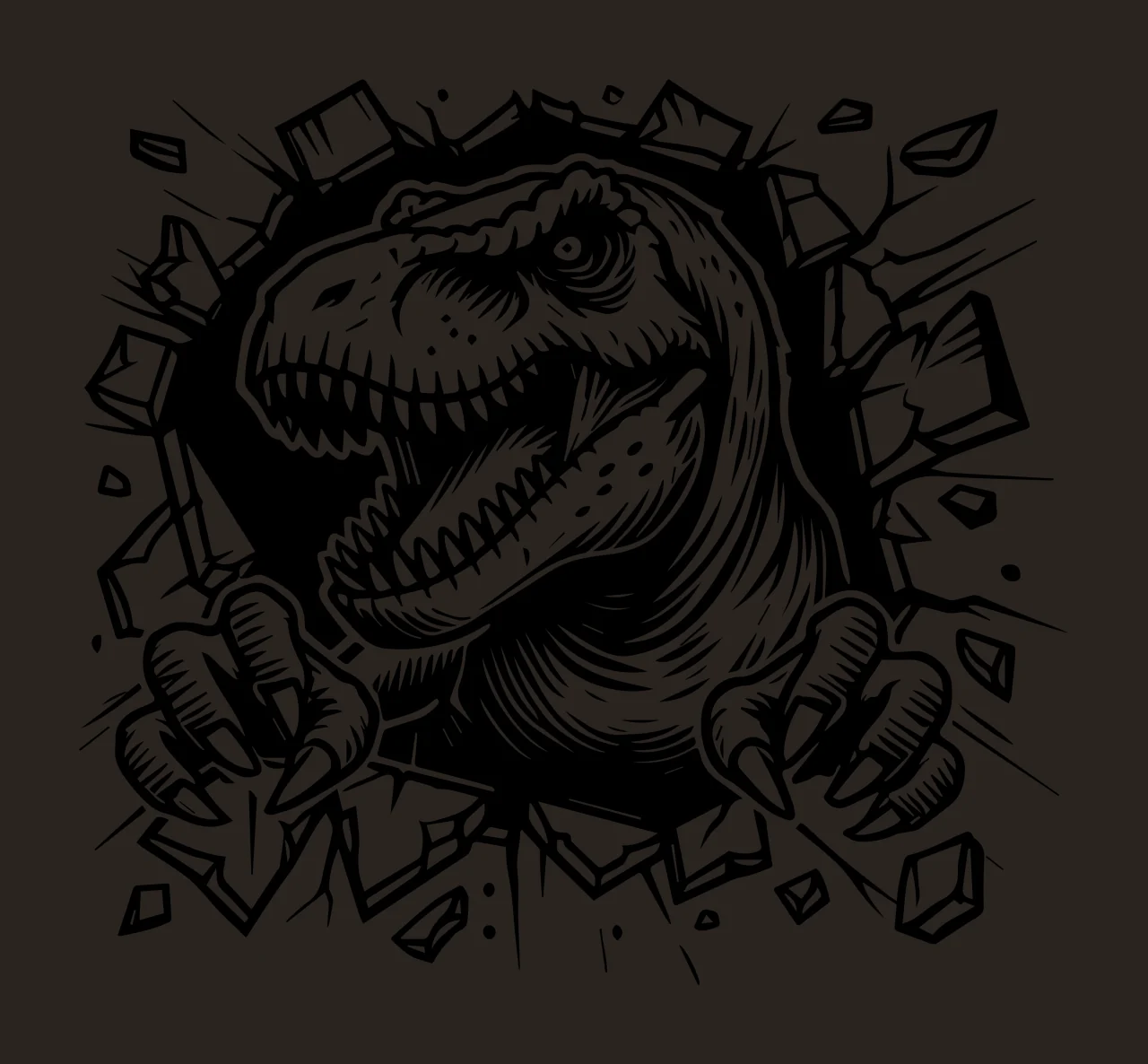 Wall Dinosaur Head Breaking Through debris line art black white contrast preview thumbnail