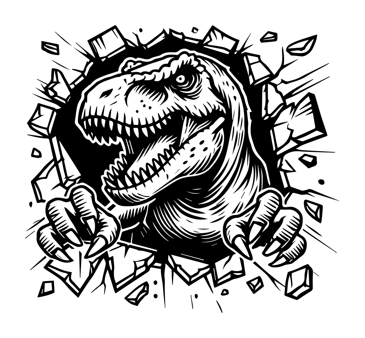 Wall Dinosaur Head Breaking Through debris line art black white